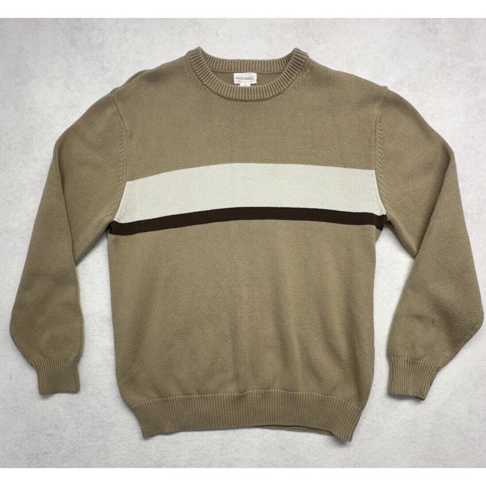 High Sierra Tan Crewneck Sweater with Cream and Brown Stripes